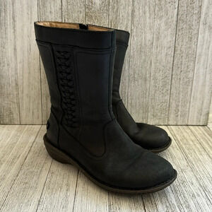 UGG Black Leather Mid Calf Wool Lined Side Zip Braid Detail Kaleen Boots